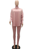 Pink Fashion Casual Adult Solid Split Joint Turtleneck Batwing Sleeve Two Pieces