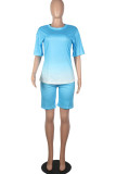 Light Blue Fashion Casual Gradient Short Sleeve Two Pieces