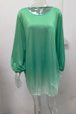 Green Casual Gradual Change Split Joint Buttons O Neck Straight Dresses