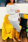 Black Casual Striped Split Joint Off the Shoulder Long Sleeve Two Pieces