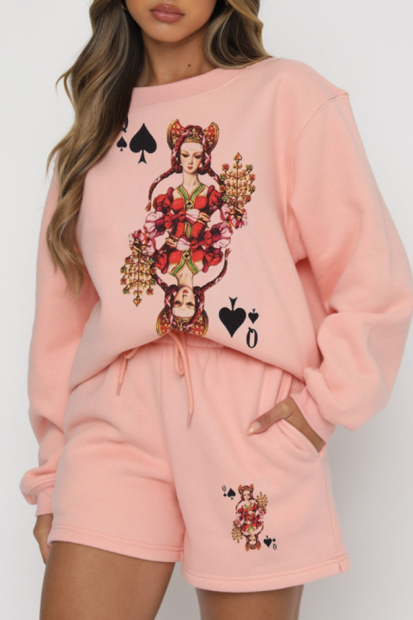 Pink Casual Print Patchwork O Neck Long Sleeve Two Pieces