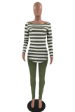 Green Casual Striped Split Joint Off the Shoulder Long Sleeve Two Pieces