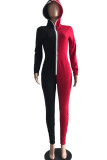 Black Red Casual Solid Split Joint Contrast Zipper Hooded Collar Skinny Jumpsuits