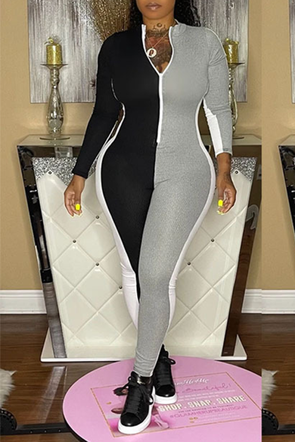 White Casual Solid Patchwork Zipper Collar Skinny Jumpsuits