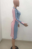 Light Blue Casual Patchwork Turndown Collar Irregular Dress Dresses
