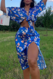 Deep Blue Sexy Print Patchwork V Neck Half Sleeve Two Pieces