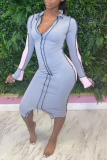 Light Blue Casual Patchwork Turndown Collar Irregular Dress Dresses
