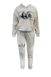 Cream White Casual Print Patchwork Hooded Collar Long Sleeve Two Pieces