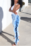 Baby Blue Sexy Solid Ripped Flounce Mid Waist Skinny Denim Jeans