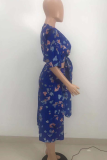 Deep Blue Sexy Print Patchwork V Neck Half Sleeve Two Pieces