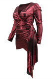 Red Fashion Sexy Solid Basic V Neck Long Sleeve Plus Size Dress