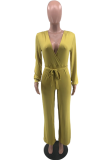 Green Casual Solid Patchwork V Neck Straight Jumpsuits