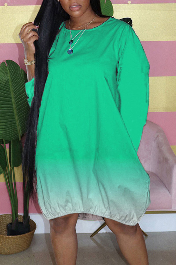 Green Casual Gradual Change Split Joint Buttons O Neck Straight Dresses