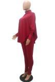 Wine Red Fashion Casual Adult Solid Split Joint Turtleneck Batwing Sleeve Two Pieces