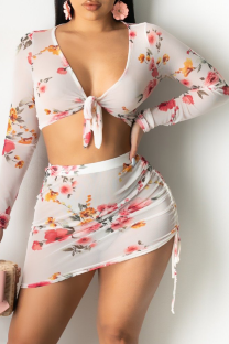 White Sexy Print Split Joint V Neck Long Sleeve Two Pieces