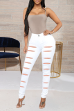 White Casual Solid Ripped Mid Waist Skinny Denim Jeans