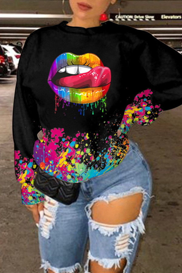 Black Fashion Casual Print Basic O Neck Tops