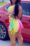 Yellow Pink Street Print Hollowed Out Patchwork Frenulum U Neck Sleeveless Two Pieces