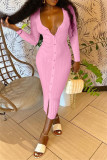 Pink Sexy Casual Solid Basic V Neck Long Sleeve Dresses