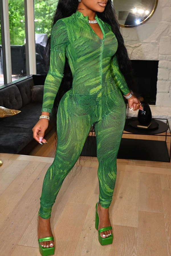 Green Sexy Print See-through O Neck Regular Jumpsuits