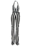 Black White Sexy Casual Striped Print Backless Halter Regular Jumpsuits