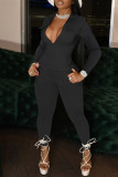 Black Fashion Casual Solid Basic Turndown Collar Skinny Jumpsuits