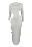 White Fashion Sexy Solid Hollowed Out O Neck Long Sleeve Dresses