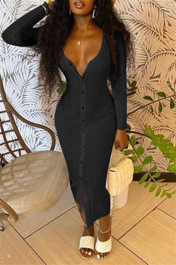 Black Sexy Casual Solid Basic V Neck Long Sleeve Dresses