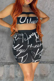 Black Sexy Letter Print Hollowed Out Patchwork Strapless Sleeveless Two Pieces