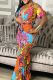 Multicolor Fashion Casual Print Basic V Neck Regular Jumpsuits