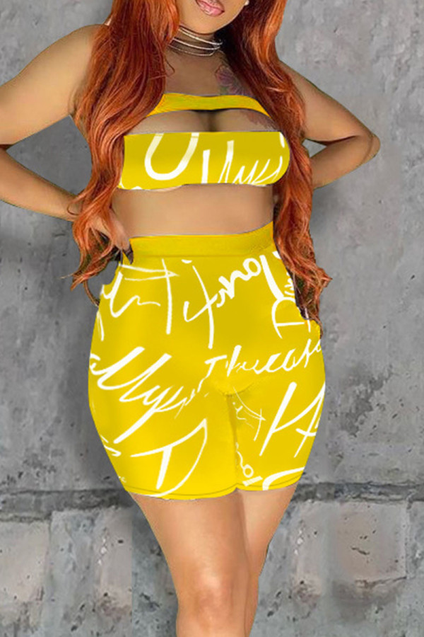 Yellow Sexy Letter Print Hollowed Out Patchwork Strapless Sleeveless Two Pieces