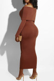 Brown Sexy Casual Solid Patchwork Backless Off the Shoulder Long Sleeve Dresses