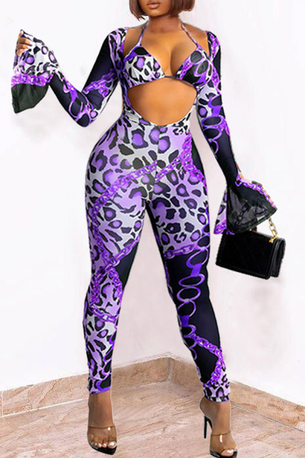 Purple Fashion Sexy Print Hollowed Out See-through V Neck Long Sleeve Two Pieces