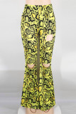 Yellow Fashion Casual Print Ripped Regular Mid-waist Trousers