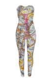 White Fashion Sexy Print Bandage Hollowed Out Backless Strapless Skinny Jumpsuits