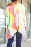 Multicolor Fashion Casual Print Tie Dye Asymmetrical Oblique Collar Tops