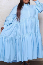 Light Blue Casual Solid Split Joint Turndown Collar Cake Skirt Plus Size Dresses (Without Belt)