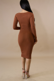 Brown Sexy Solid Make Old Square Collar Pencil Skirt Dresses
