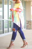 Multicolor Fashion Casual Print Tie Dye Asymmetrical Oblique Collar Tops