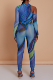 Blue Sexy Print Patchwork Half A Turtleneck Long Sleeve Two Pieces