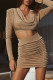 Khaki Celebrities Solid Split Joint Fold V Neck Long Sleeve Two Pieces