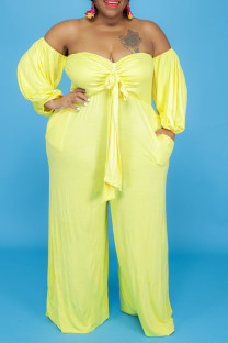Yellow Sexy Solid Bandage Patchwork Off the Shoulder Plus Size Jumpsuits