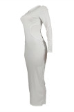 White Fashion Sexy Solid Hollowed Out O Neck Long Sleeve Dresses
