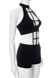 Black Sexy Solid Hollowed Out Halter Skinny Rompers