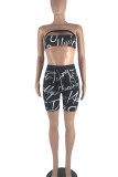 Black Sexy Letter Print Hollowed Out Patchwork Strapless Sleeveless Two Pieces