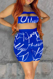 Blue Sexy Letter Print Hollowed Out Patchwork Strapless Sleeveless Two Pieces