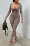 Khaki Sexy Casual Solid Bandage Hollowed Out V Neck Skinny Jumpsuits