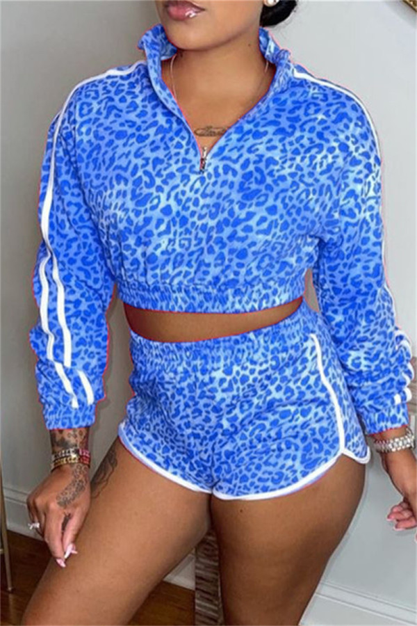Blue Fashion Casual Print Patchwork Long Sleeve Two Pieces