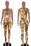 Yellow Fashion Sexy Print Hollowed Out Skinny Jumpsuits