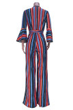 Multicolor Fashion Casual Patchwork Print With Belt V Neck Regular Jumpsuits